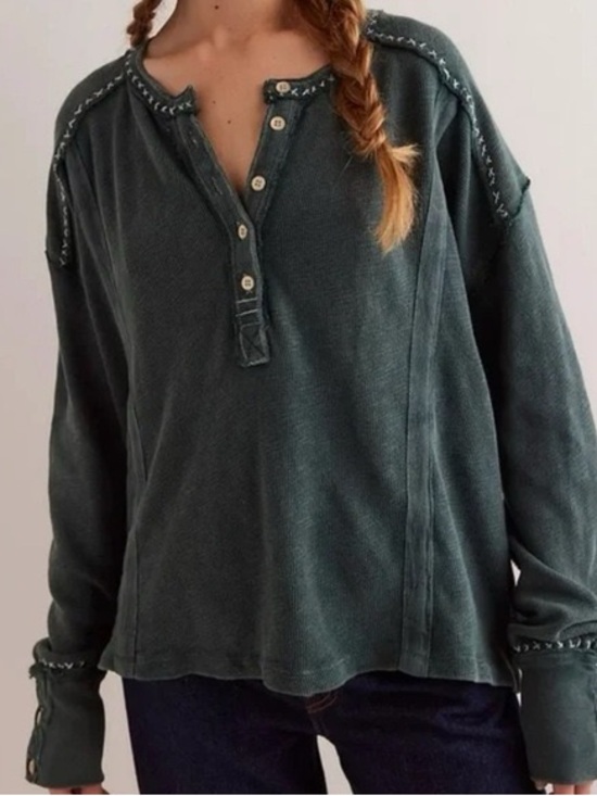 Free People Tops - Free People Washed Green Long-Sleeve Henley Top